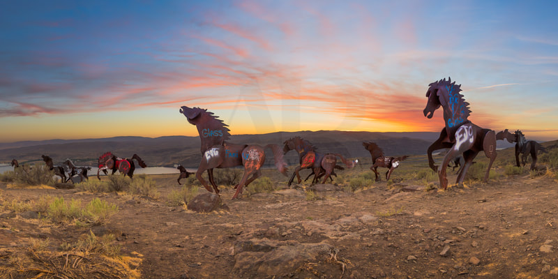 Wild Horses Monument, Steel horses, Sunset, Art